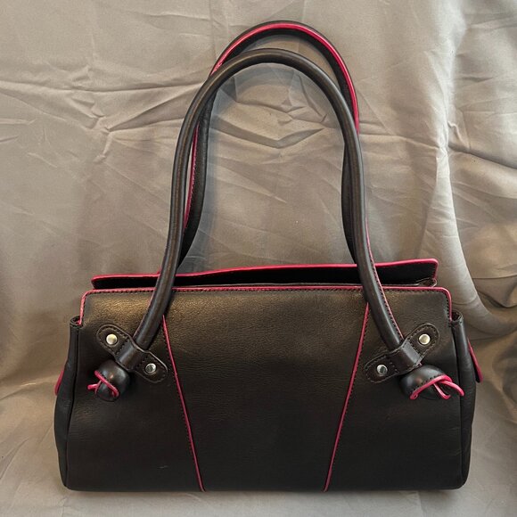 Black Leather Handbag, with Raspberry Red Contrast Edges, Preston & York - Picture 1 of 10